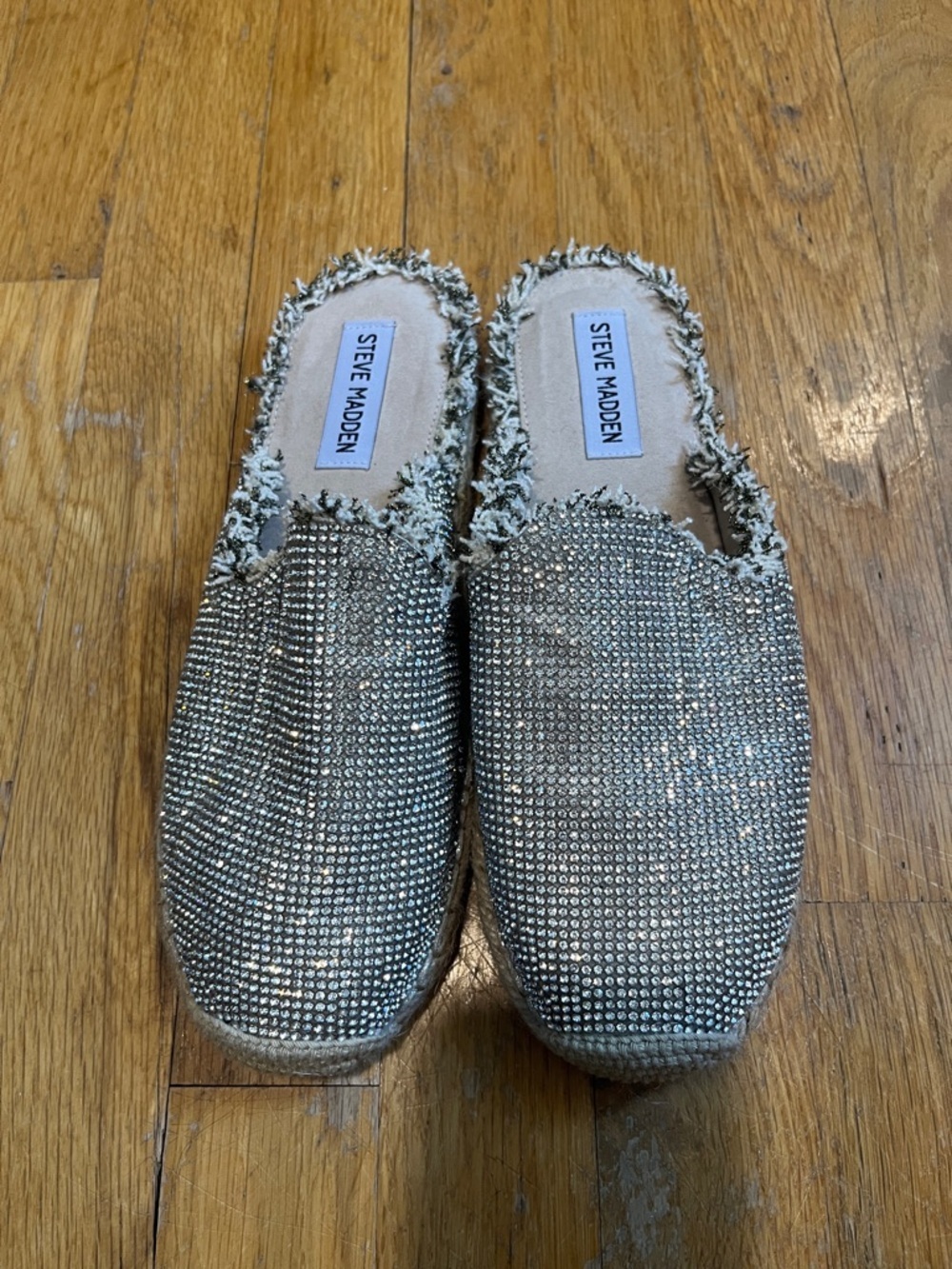 Steve Madden Silver Rhinestone Slip-On Espadrille Mules